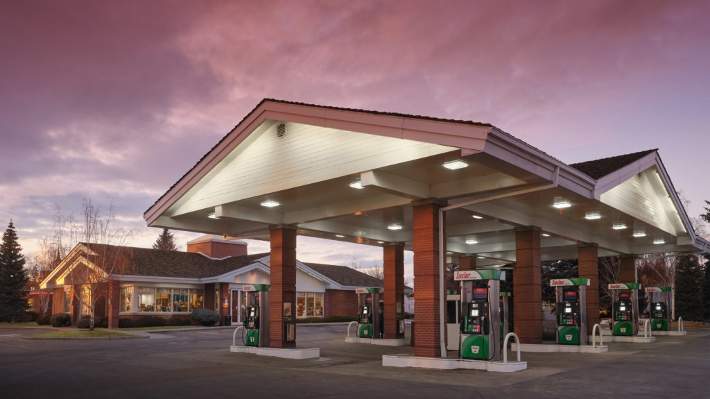 Overview of Travel Center gas pumps at sunset at Little America Wyoming