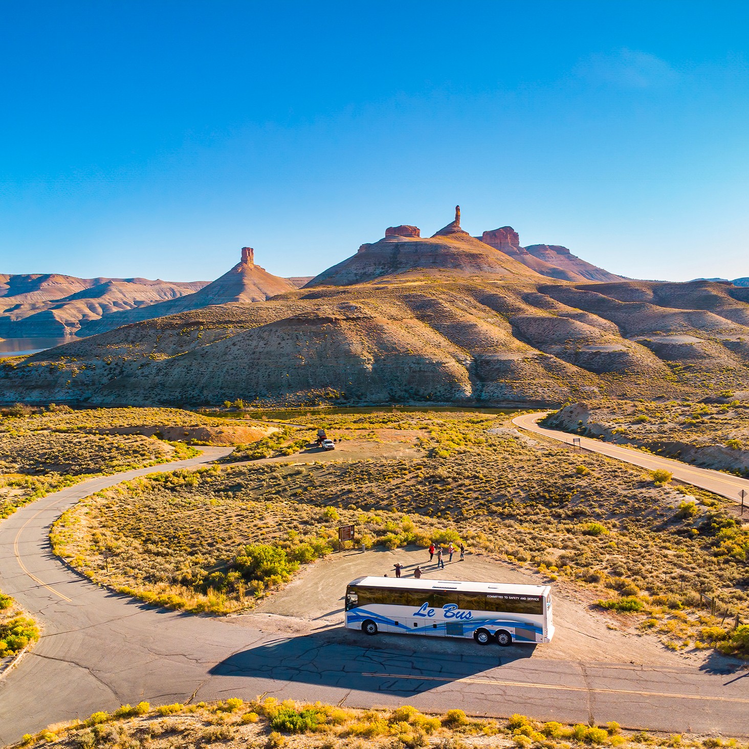aerial of bus and travelers